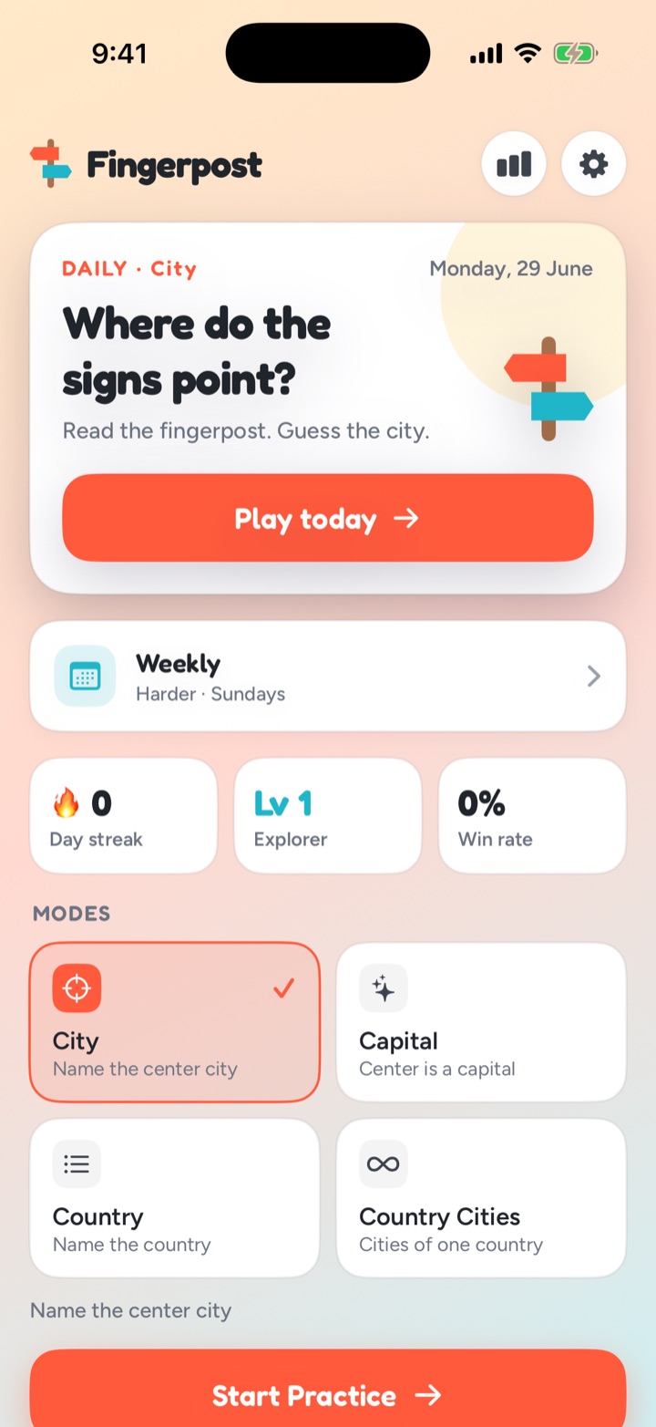 Fingerpost home screen with the daily puzzle, modes, and your streak.