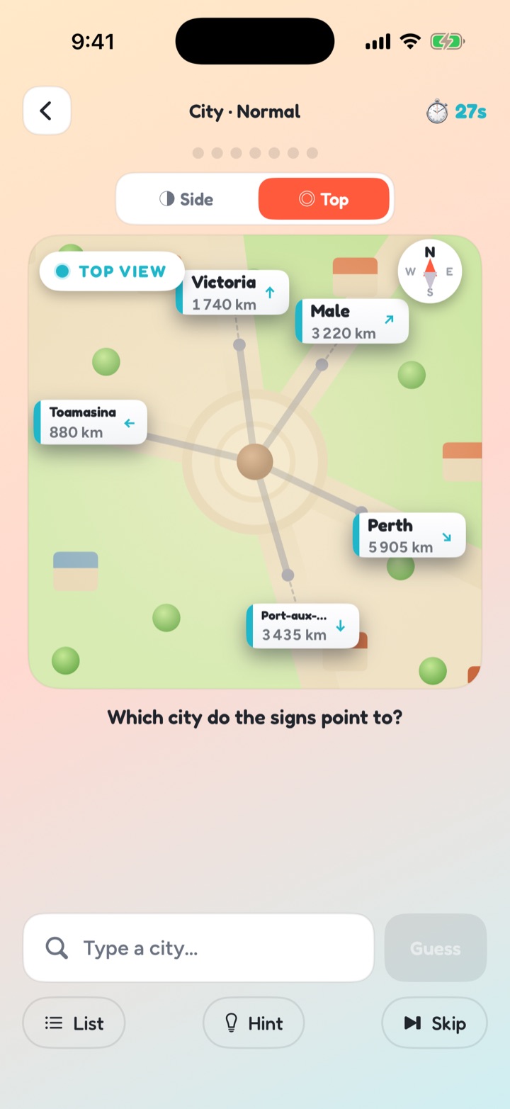 Top-down view: lines from a central point to surrounding cities at their true compass bearings.