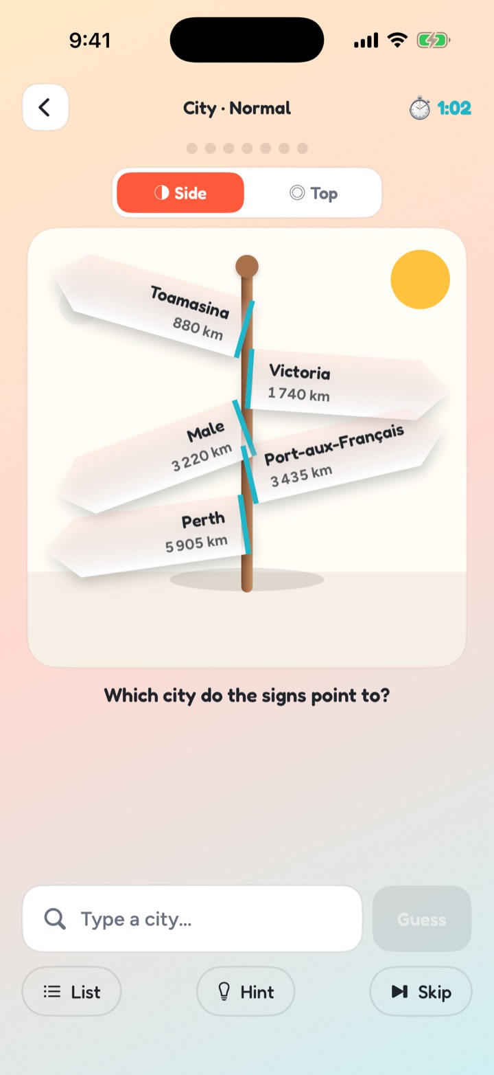 Fingerpost gameplay: a wooden signpost with signs pointing toward distant cities at their true bearings.