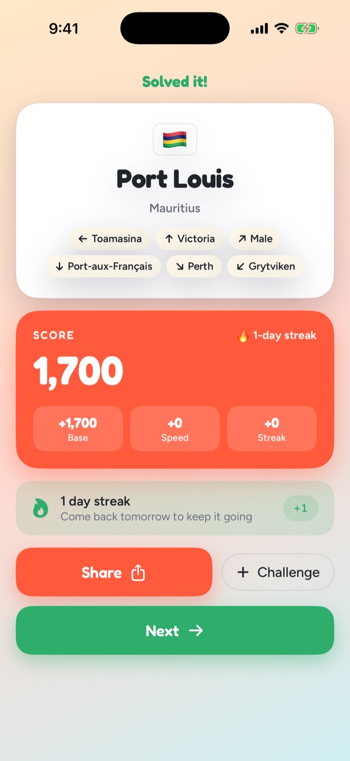A solved round showing the hidden city, your score, and streak.